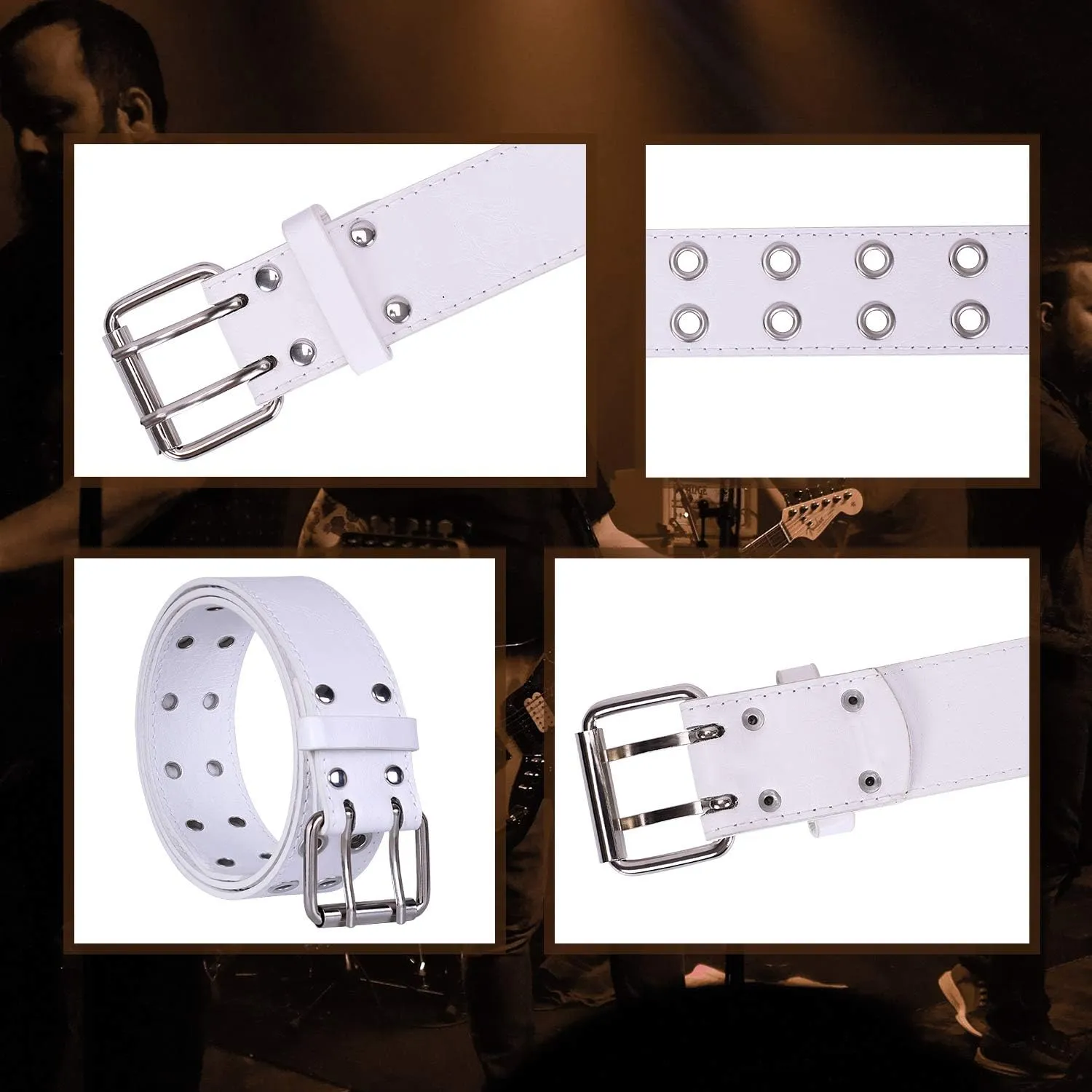 WHIPPY Double Grommet Belt for Women Men PU Leather Double Prong Buckle Vintage Punk Rock Jeans Belts