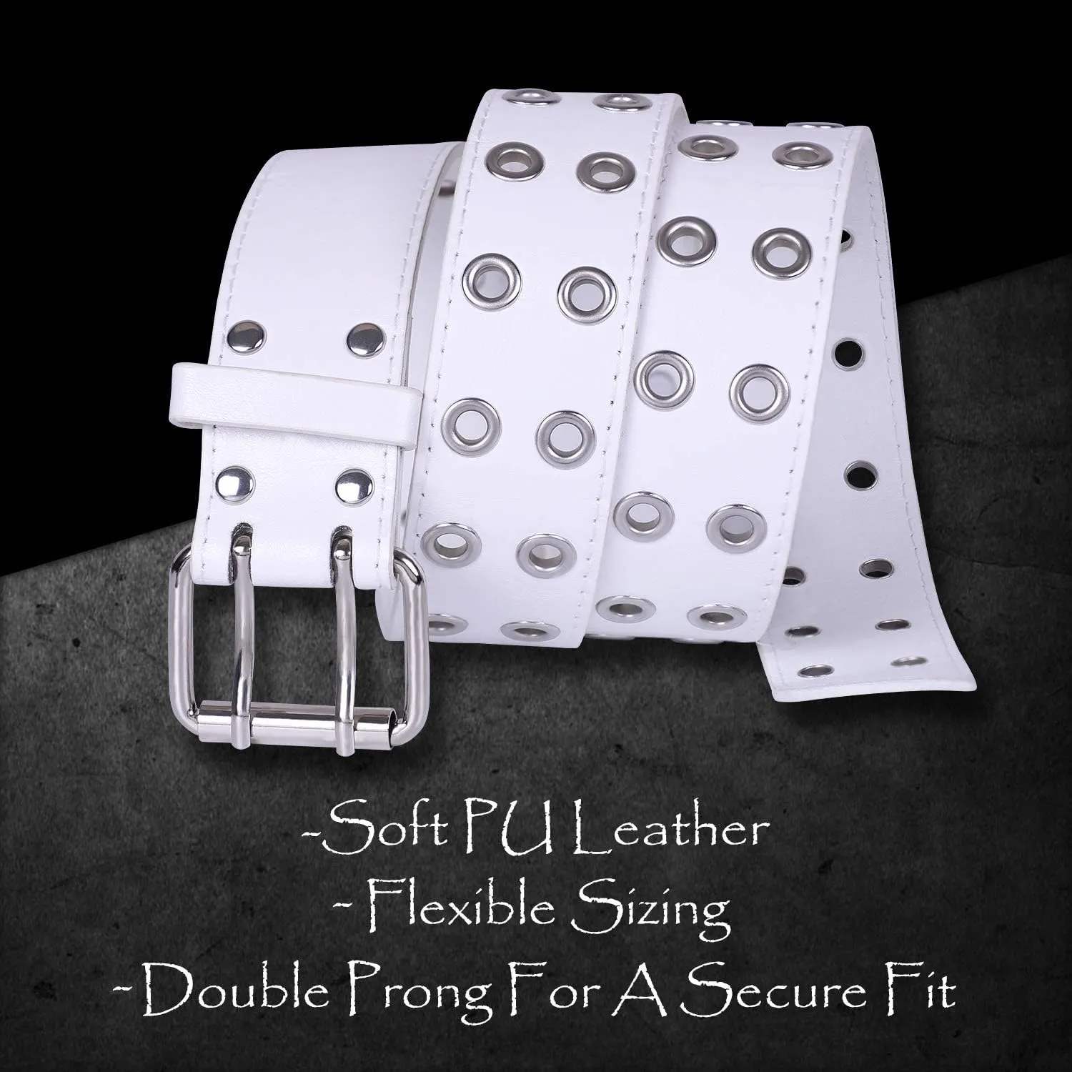 WHIPPY Double Grommet Belt for Women Men PU Leather Double Prong Buckle Vintage Punk Rock Jeans Belts