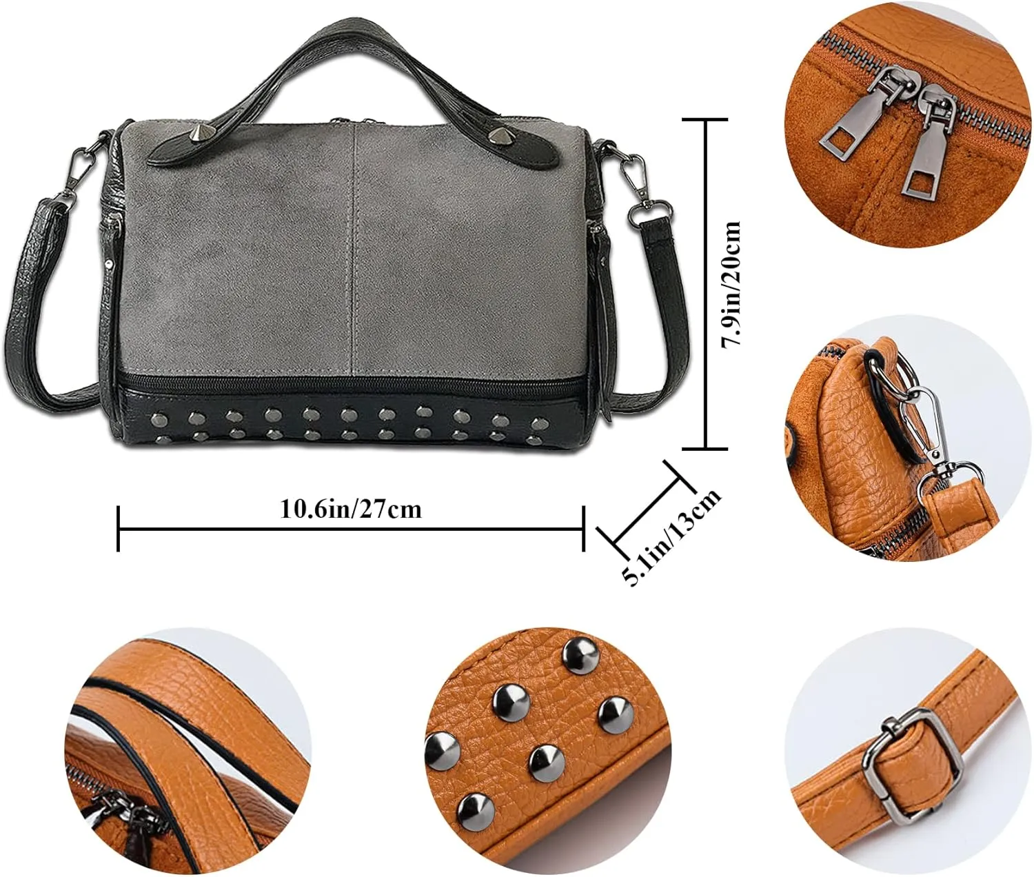 Women Fashion Classic PU Leather Bag Rivet Studded Crossbody Bag Tote Shopping Shoulder Handbag