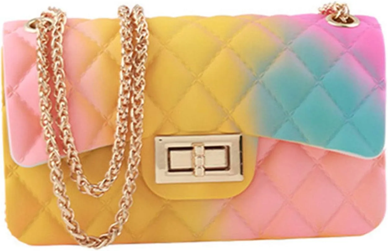 Women Rainbow Handbags Jelly Purse Candy Color Quilted Crossbody Shoulder Bag