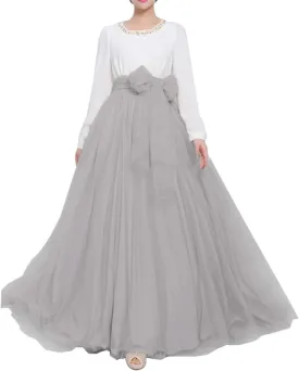 Women Wedding Long Maxi Puffy Tulle Skirt Floor Length A Line with Bowknot Belt High Waisted for Wedding Party Evening