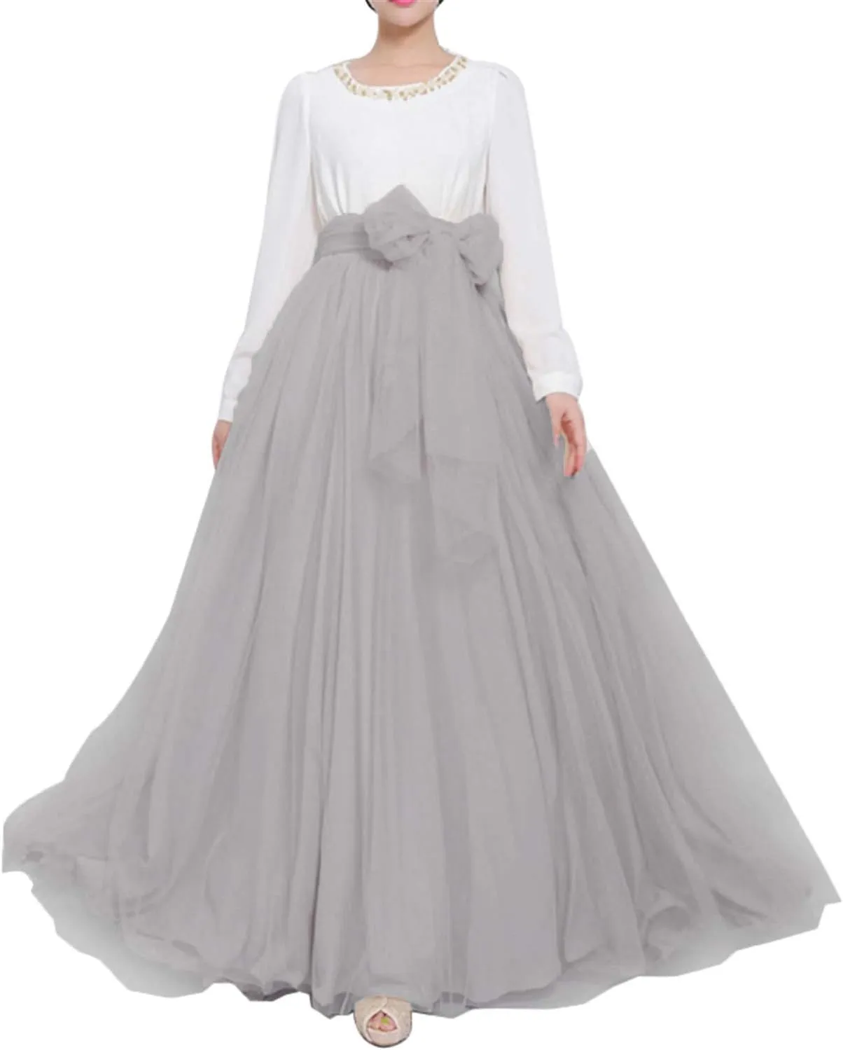 Women Wedding Long Maxi Puffy Tulle Skirt Floor Length A Line with Bowknot Belt High Waisted for Wedding Party Evening