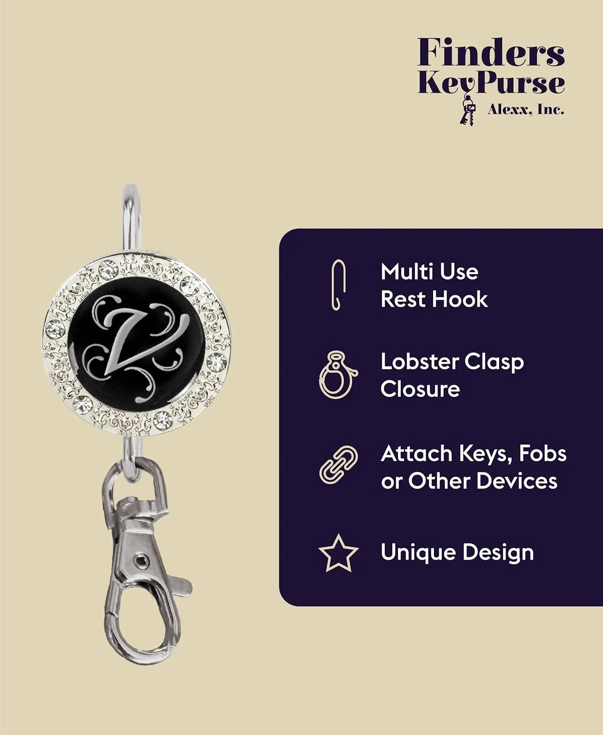 Womens Bag Charm Key Finder, Car Keychain Hook, Cute Purse Organizer & Tote Bag Accessories, Gifts for Mom - Monogram Letter