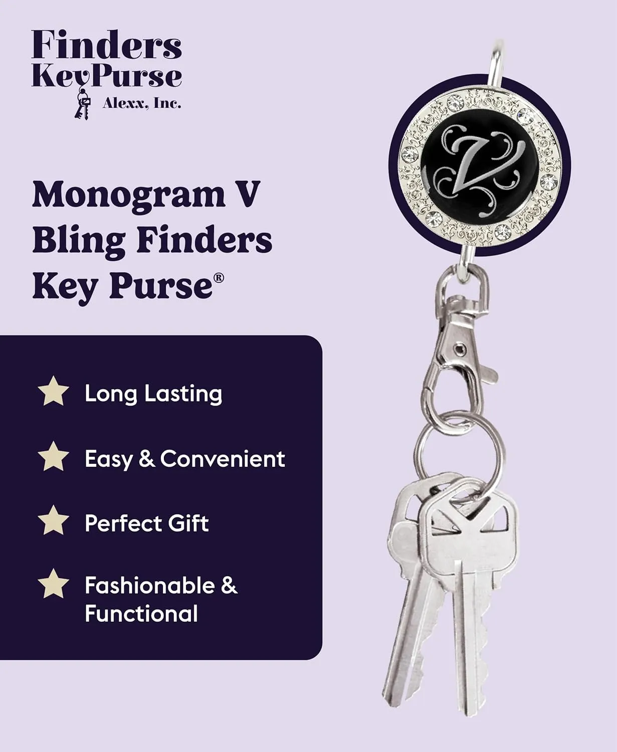 Womens Bag Charm Key Finder, Car Keychain Hook, Cute Purse Organizer & Tote Bag Accessories, Gifts for Mom - Monogram Letter