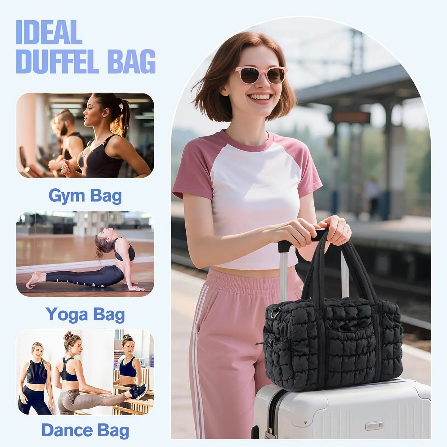 Womens Small Gym Bag 13 Inch, Mini Carry On Puffer Tote Bag for Travel Overnight Weekender Workout Camping Hospital Airplanes, Black Dance Sports Quilted Duffle Bags Gym Accessories Gifts for Women