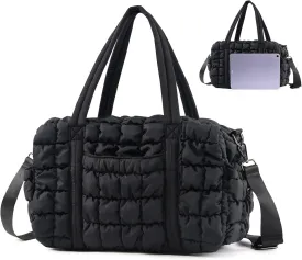 Womens Small Gym Bag 13 Inch, Mini Carry On Puffer Tote Bag for Travel Overnight Weekender Workout Camping Hospital Airplanes, Black Dance Sports Quilted Duffle Bags Gym Accessories Gifts for Women