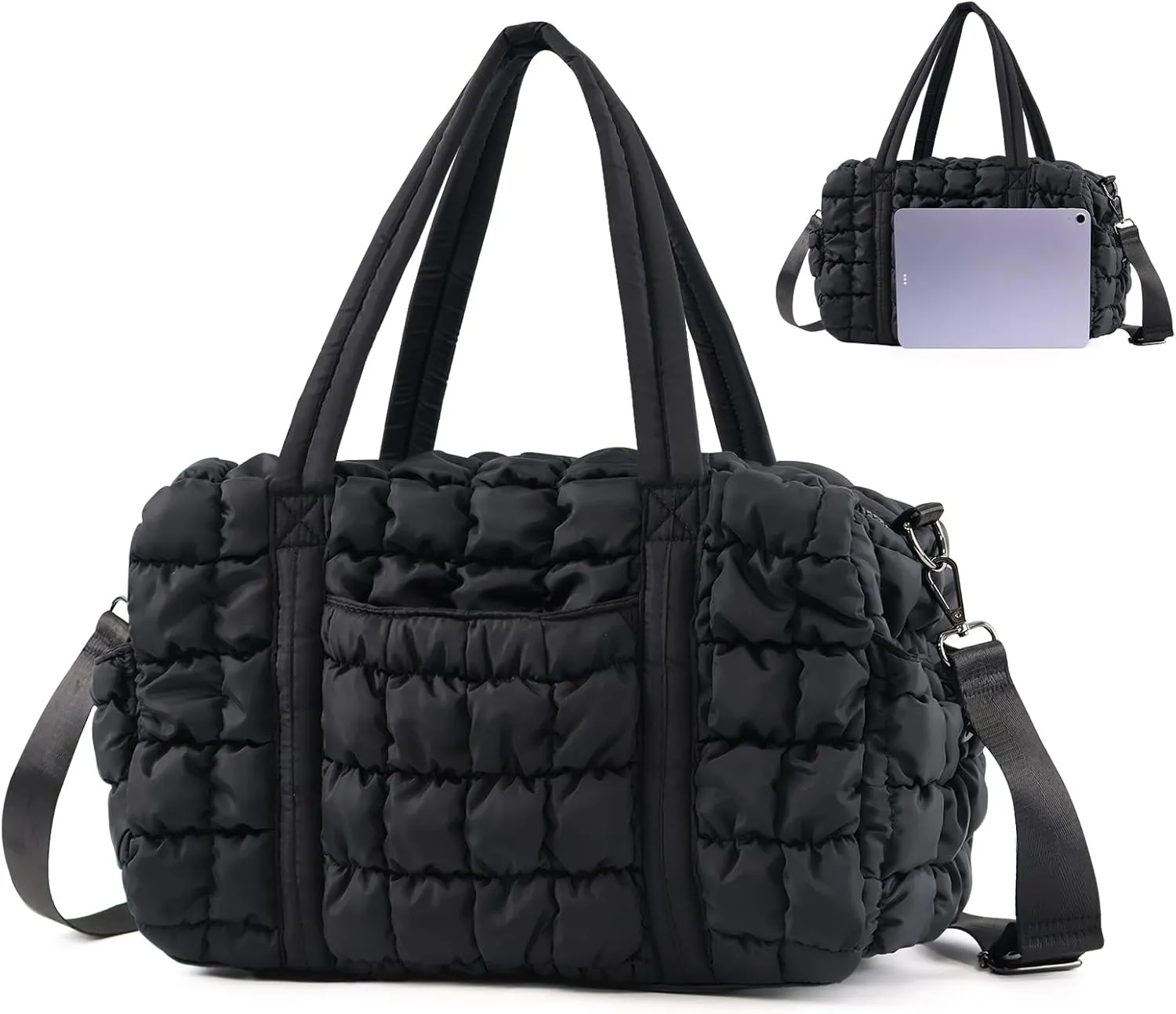 Womens Small Gym Bag 13 Inch, Mini Carry On Puffer Tote Bag for Travel Overnight Weekender Workout Camping Hospital Airplanes, Black Dance Sports Quilted Duffle Bags Gym Accessories Gifts for Women