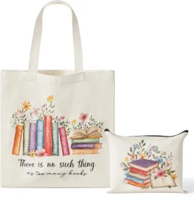 Y1tvei Aesthetic Canvas Tote Bag - 2Pcs Colorful Reading Canvas Cosmetic Bag Set There Is No Such Thing As Too Many Books Tote Bag Makeup Reusable Grocery Bags Black to School Gift for Women Girls